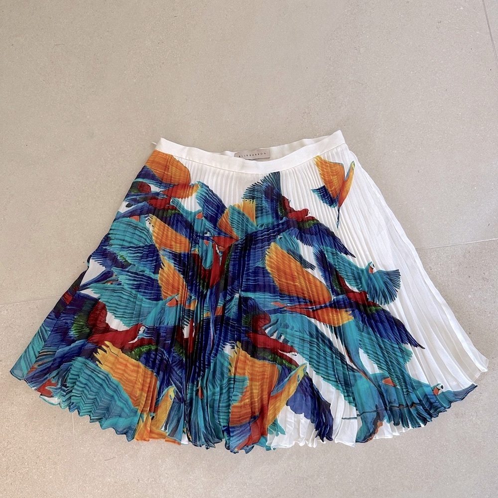 Elle Sassun Plissee 38 size 6 Pleated Skirt with Bird Design silk